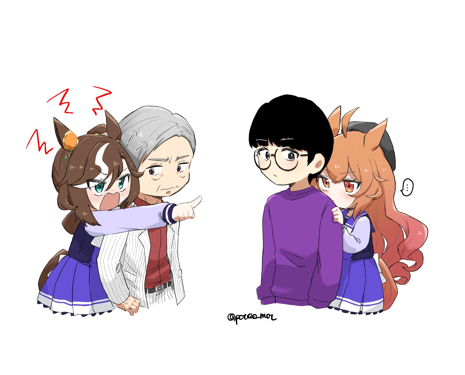 poteo (poteo mot), umamusume, highres, …, 2boys, 2girls, ahoge, annoyed, beret, black hair, casual, glasses, green eyes, grey hair, hat, hiding, hiding behind another, long hair, multiple boys, multiple girls, orange eyes, pointing, royal family (the royal family), royal hope (the royal family), school uniform, simple background, the royal family, tracen school uniform, twitter username, white background