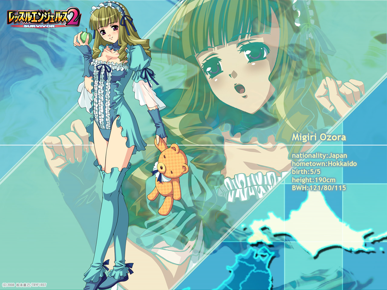 oozora migiri, wrestle angels, wrestle angels survivor, wrestle angels survivor 2, official art, official wallpaper, 1girl, apple, bear, blush, breasts, character name, cleavage, drill hair, fingerless gloves, food, frills, fruit, gloves, gothic lolita, green eyes, green hair, hairband, large breasts, leotard, lolita fashion, long hair, smile, stats, stuffed animal, stuffed toy, teddy bear, thighhighs, wrestling outfit