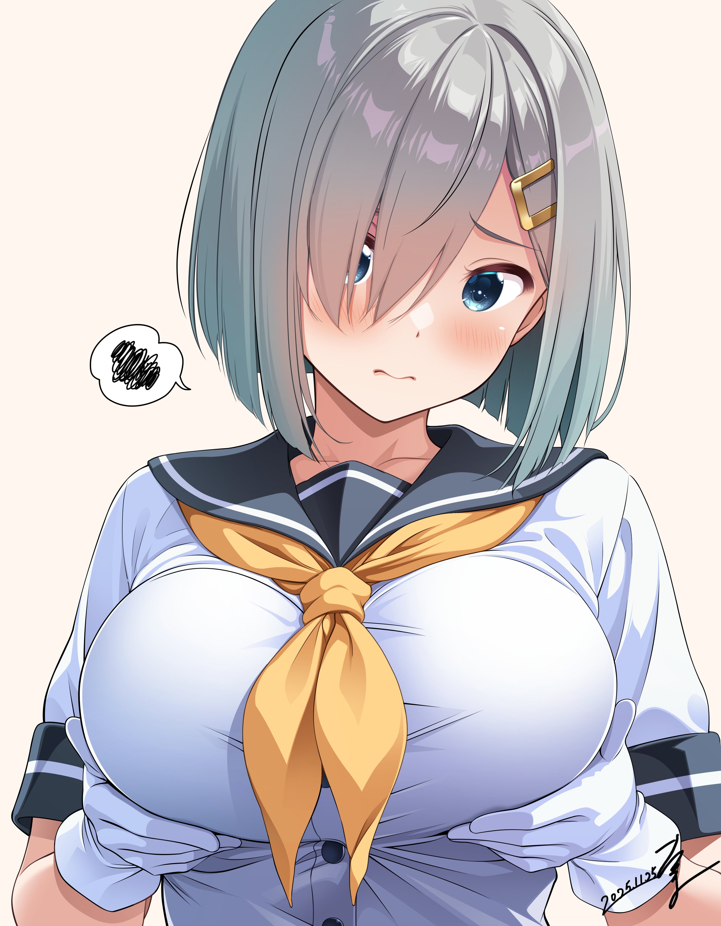 takuma (takumo7121), hamakaze (kancolle), kantai collection, absurdres, highres, 1girl, blue eyes, blush, breasts, dated, embarrassed, gloves, grabbing own breast, grey hair, grey sailor collar, hair ornament, hair over one eye, hairclip, large breasts, looking at viewer, neckerchief, sailor collar, school uniform, serafuku, short hair, short sleeves, signature, solo, white gloves, yellow neckerchief