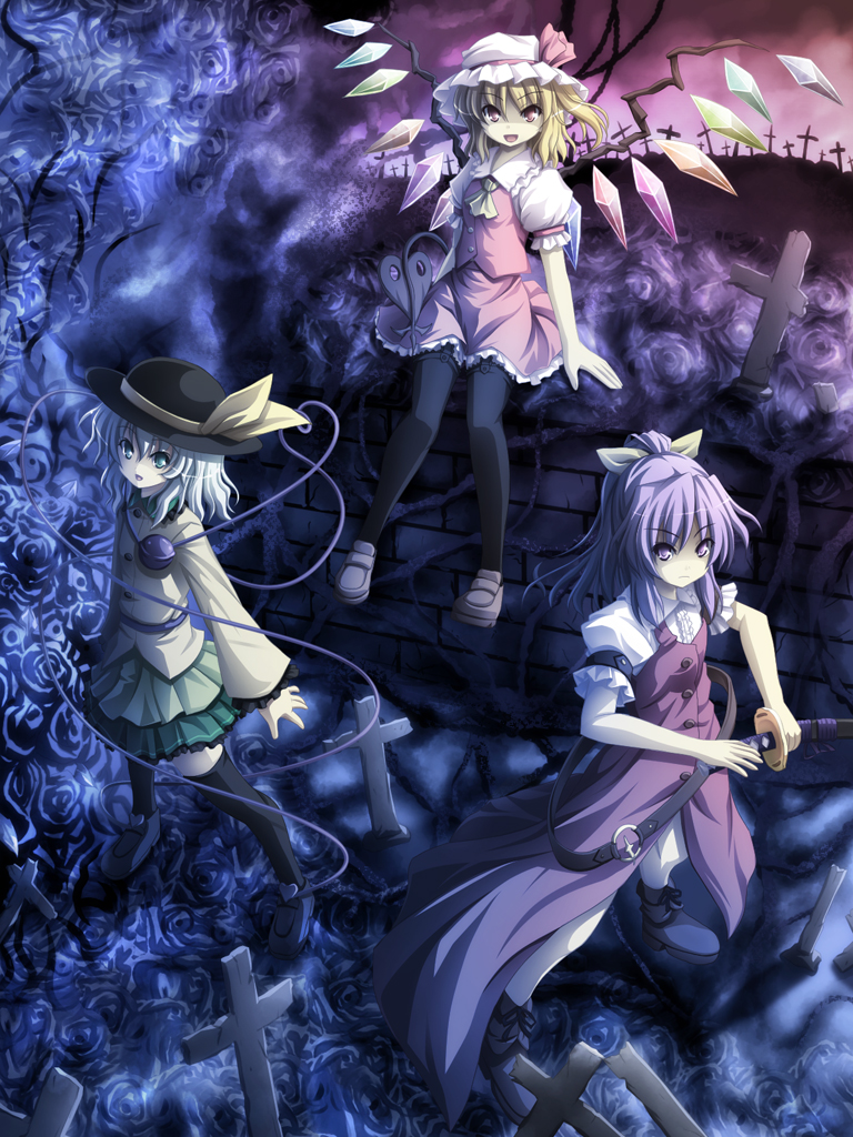 akashio (loli ace), flandre scarlet, komeiji koishi, watatsuki no yorihime, touhou, black legwear, bad id, bad pixiv id, 3girls, ascot, belt, blonde hair, blue flower, blue rose, bow, cross, dress, eyeball, female focus, flower, garter straps, graveyard, green eyes, green hair, hair bow, hat, hat ribbon, long hair, multiple girls, open mouth, ponytail, purple eyes, purple hair, red eyes, ribbon, rose, sheath, short hair, side ponytail, skirt, smile, sword, thighhighs, third eye, weapon, wings