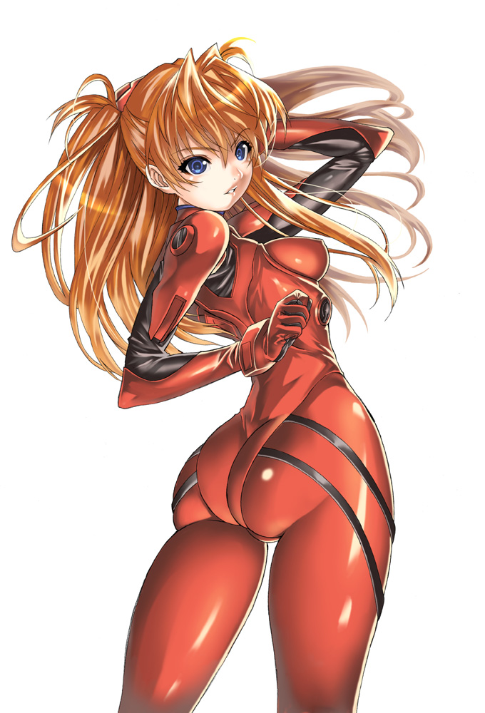 saburou (hgmg), souryuu asuka langley, neon genesis evangelion, 1girl, arm behind head, ass, blue eyes, bodysuit, bracer, breasts, clenched hand, covered erect nipples, cowboy shot, curvy, female focus, floating hair, from behind, gloves, hair between eyes, hair ornament, huge ass, long hair, looking at viewer, looking back, mecha pilot suit, medium breasts, orange hair, parted lips, plugsuit (evangelion), shiny clothes, shiny skin, simple background, skin tight, solo, turtleneck, twintails, twisted torso, two side up, white background