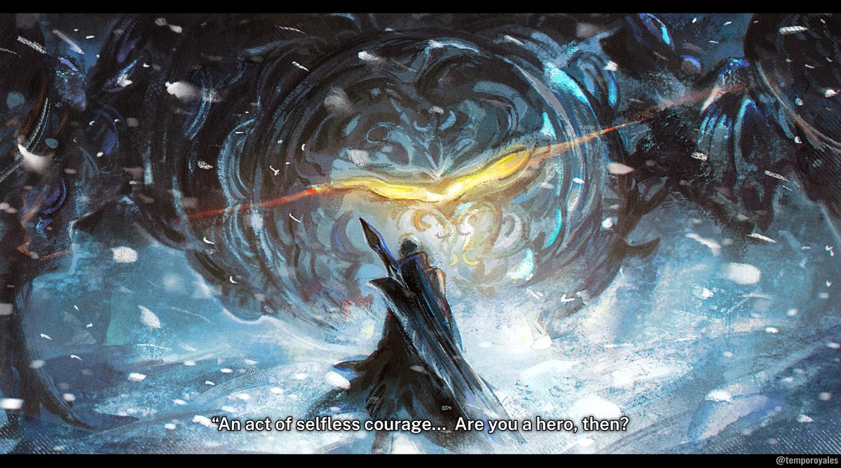 monster hunter (character), omega (final fantasy), final fantasy, final fantasy xiv, monster hunter (series), monster hunter wilds, commentary, derivative work, english commentary, screenshot redraw, english text, glowing, glowing eye, huge weapon, mechanical legs, non-humanoid robot, robot, single mechanical eye, snowing, sword, sword on back, temporoyales, weapon, weapon on back, yellow eyes