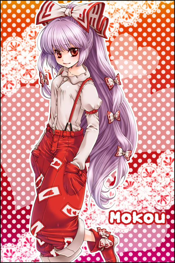 namisaki yuka, fujiwara no mokou, touhou, light purple hair, silver hair, 1girl, bow, character name, female focus, hair bow, hair ribbon, hands in pockets, heart, long hair, multiple hair bows, polka dot, polka dot background, red eyes, ribbon, smile, solo, suspenders, very long hair
