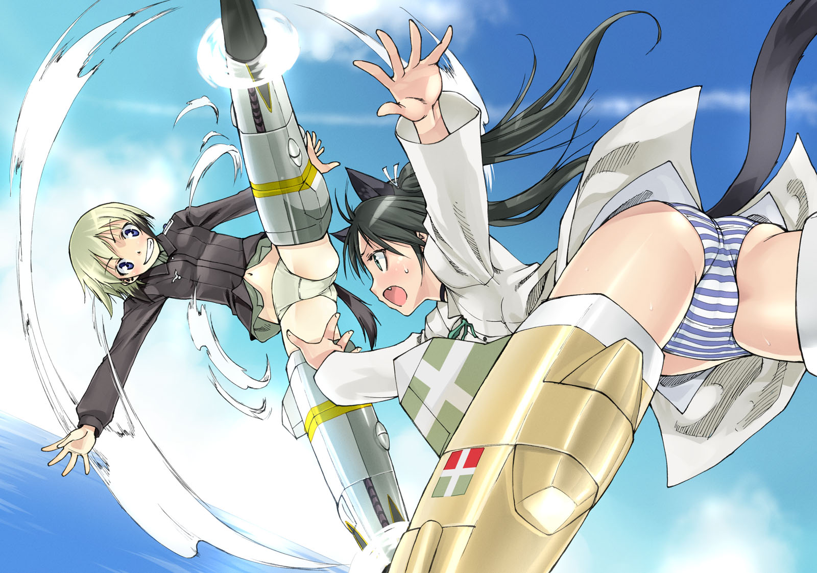 satou atsuki, erica hartmann, francesca lucchini, strike witches, world witches series, highres, 00s, 2girls, animal ears, ass, black hair, cat ears, cat tail, day, grin, multiple girls, panties, sky, smile, striped clothes, striped panties, sweatdrop, tail, underwear