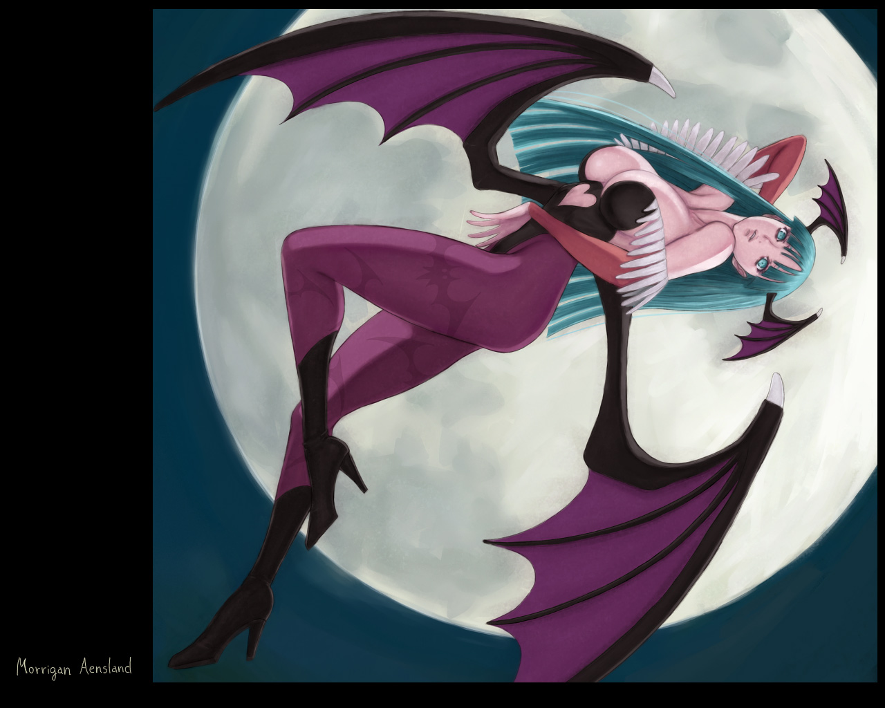 ark (morita hitomi), morrigan aensland, capcom, darkstalkers, 1girl, animal print, bat print, bat wings, boots, breasts, character name, cleavage, clothing cutout, female focus, green eyes, green hair, head wings, heart, heart cutout, high heels, huge breasts, large breasts, leotard, matching hair/eyes, moon, pantyhose, patterned legwear, print pantyhose, shoes, solo, wings