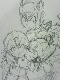 axl (mega man), x (mega man), zero (mega man), capcom, mega man (series), mega man x (series), lowres, 3boys, green theme, greyscale, hug, male focus, monochrome, multiple boys, qvga, sketch