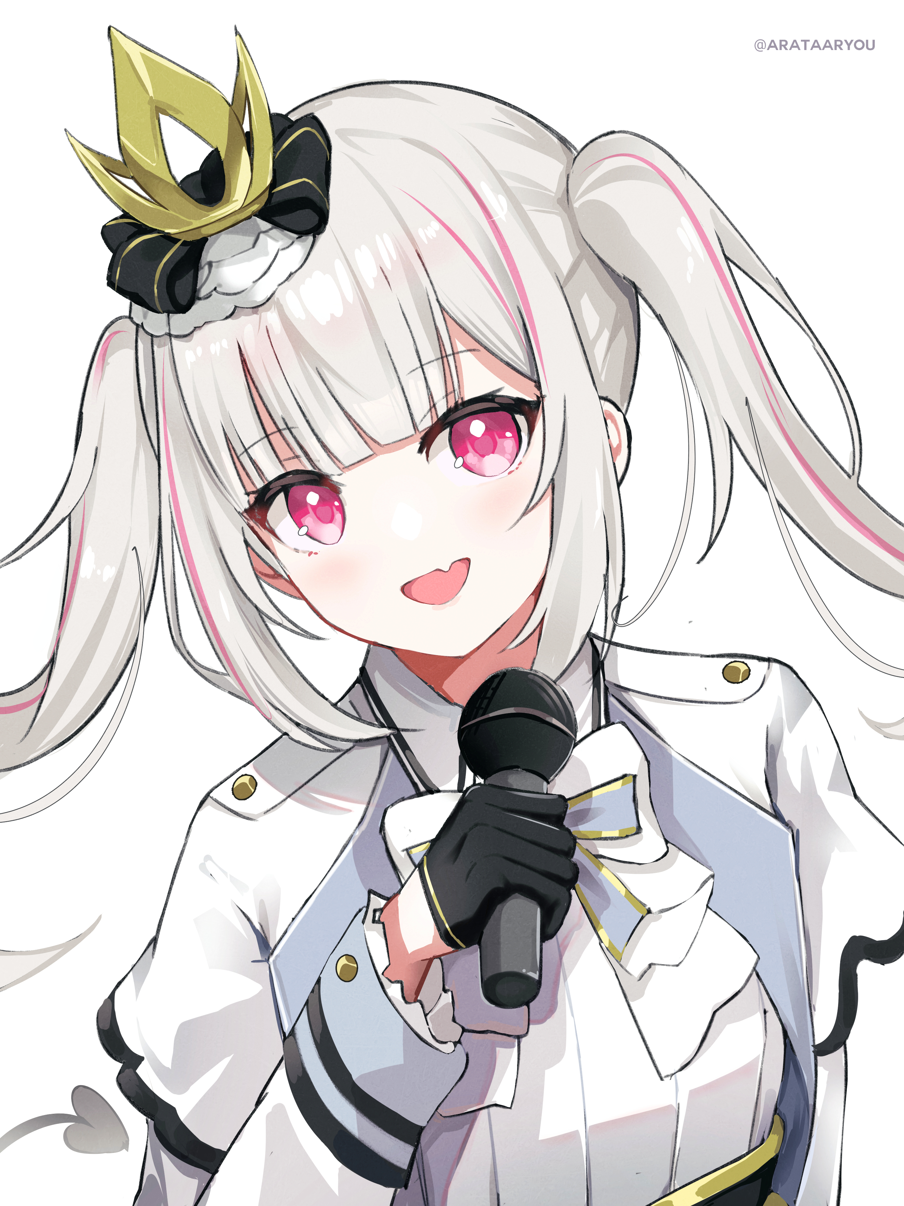 arata ryou, asumi sena, vspo!, absurdres, commentary request, highres, 1girl, arm up, artist name, black gloves, crown, fang, gloves, grey hair, holding, holding microphone, jacket, long hair, long sleeves, looking at viewer, microphone, mini crown, multicolored hair, open mouth, pink eyes, pink streaks, shirt, sidelocks, simple background, skin fang, smile, solo, streaked hair, twintails, virtual youtuber, white background, white jacket, white shirt