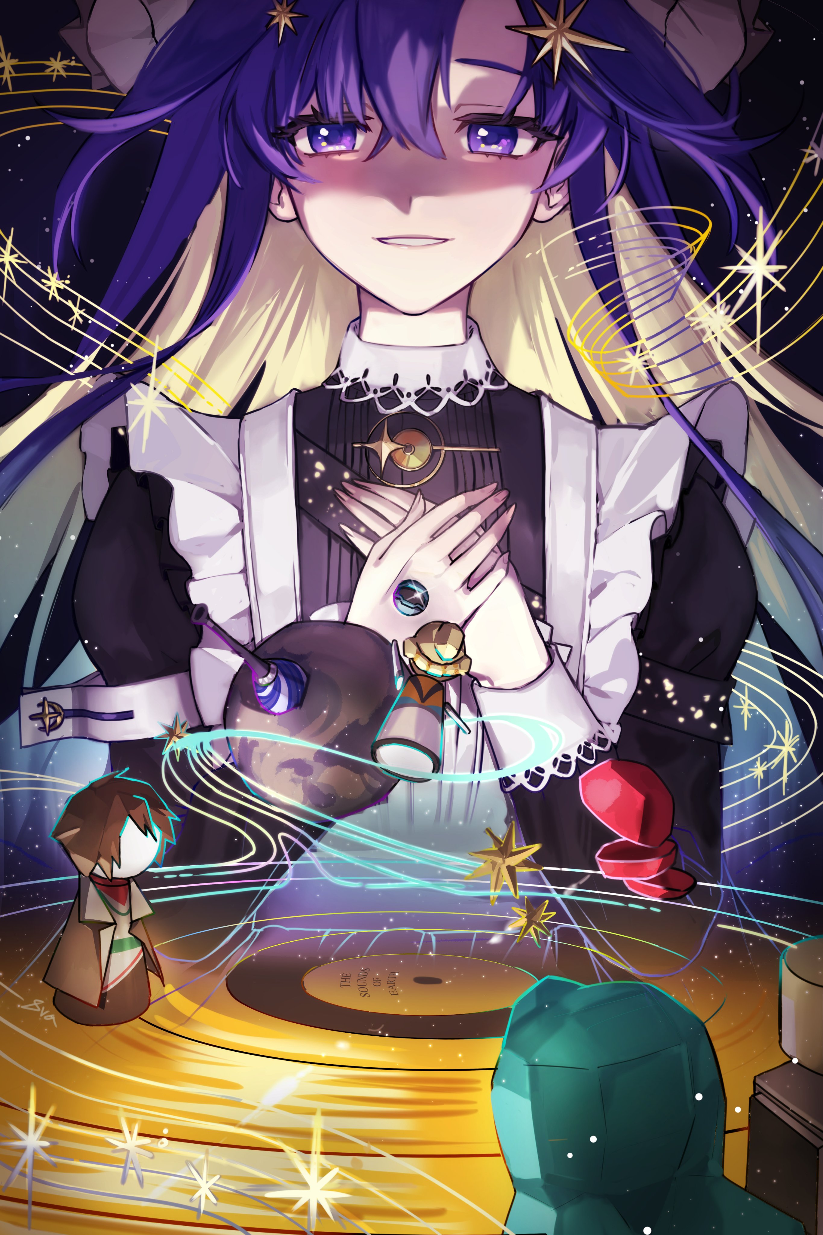 hissabeth, kiperina, name day (reverse:1999), voyager (reverse:1999), reverse:1999, absurdres, highres, 1girl, apron, black dress, blue eyes, blue hair, chess piece, colored inner hair, dress, grin, hair ornament, hands on own chest, hands up, juliet sleeves, long hair, long sleeves, melong6cha, multicolored hair, own hands together, planet, puffy sleeves, school uniform, smile, solo, soviet school uniform, sparkle, star (symbol), star hair ornament, upper body, voyager golden record, white apron