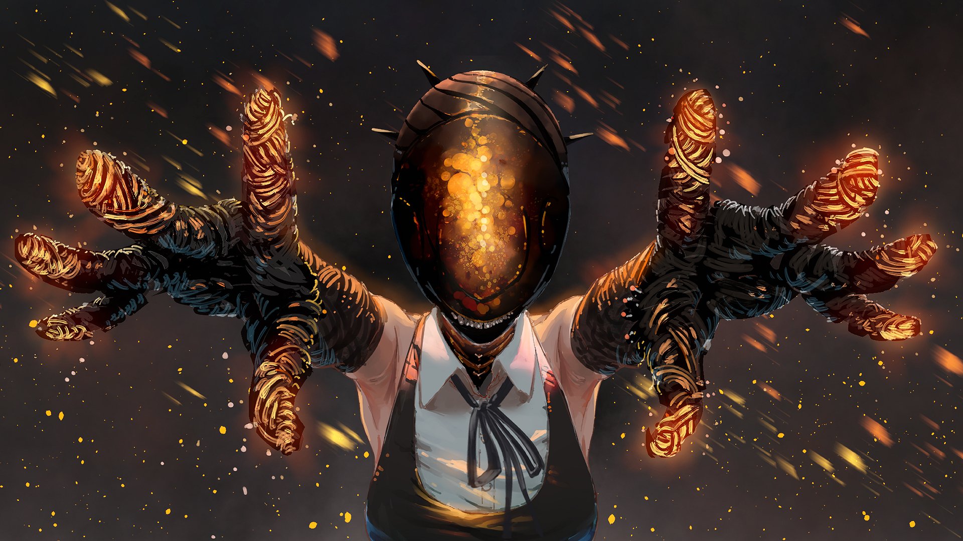 smile (qd4nsvik), bomb devil (chainsaw man), chainsaw man, commentary, highres, 1girl, apron, armpits, black apron, black gloves, black ribbon, bomb, collared shirt, explosive, foreshortening, gloves, light particles, neck ribbon, no eyes, object head, reaching, reaching towards viewer, ribbon, shirt, sleeveless, sleeveless shirt, solo, sparks, upper body, white shirt