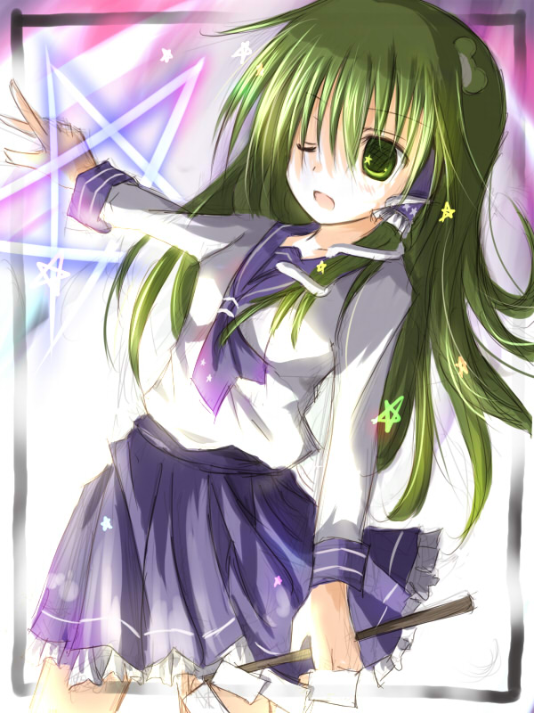 mashayuki, kochiya sanae, touhou, 1girl, alternate costume, female focus, gohei, green eyes, green hair, long hair, matching hair/eyes, pentagram, school uniform, serafuku, solo, star (symbol), wink