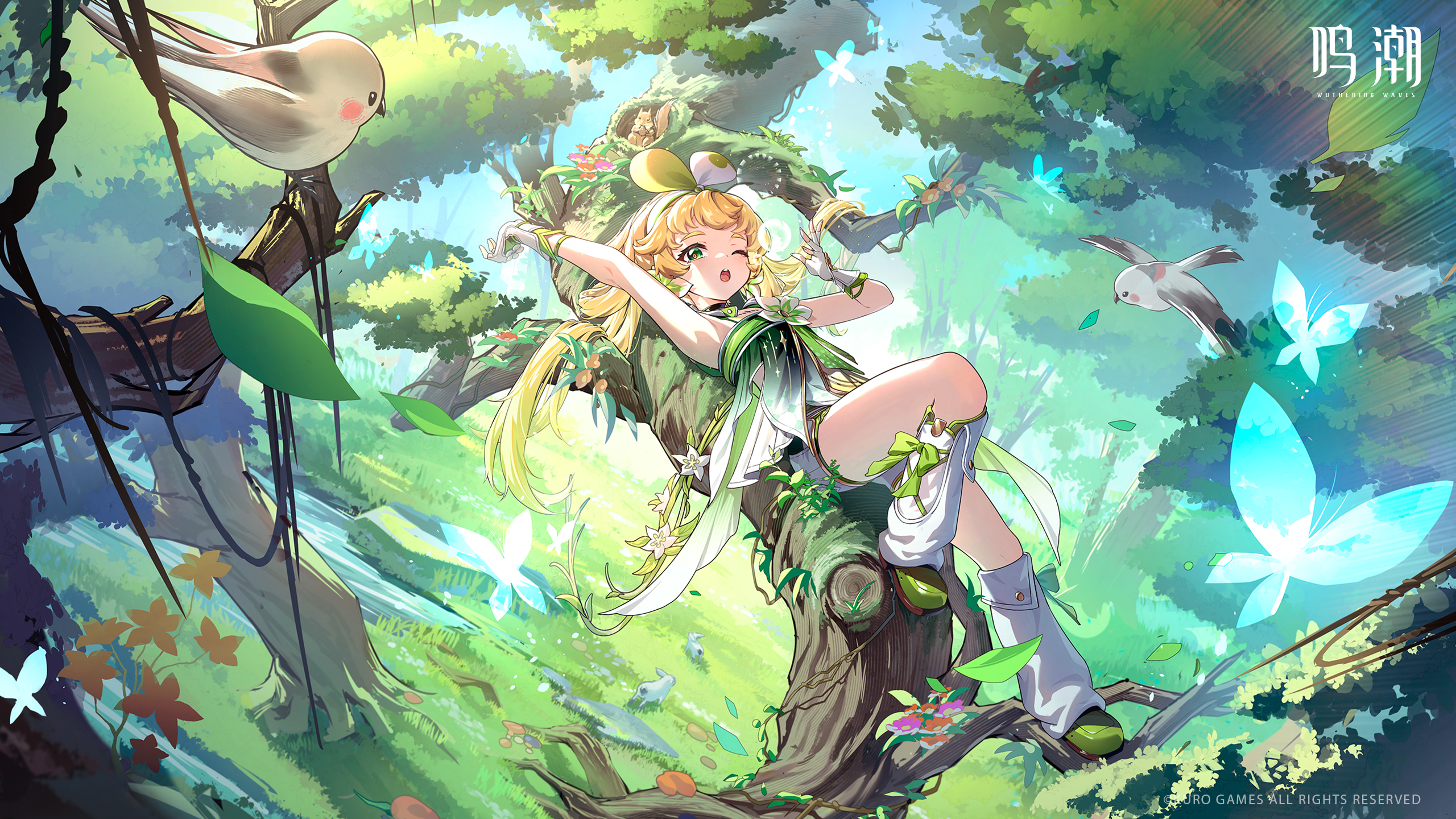 verina (wuthering waves), wuthering waves, highres, official art, 1girl, arm up, armpits, bare arms, bird, blonde hair, blue butterfly, bug, butterfly, day, dress, fingerless gloves, forest, full body, gloves, grass, green dress, green shoes, headband, insect, long hair, lying on branch, mushroom, nature, on branch, on tree, one eye closed, open mouth, outdoors, rainbow, shoes, short shorts, shorts, sleeveless, solo, sunlight, tree, waking up, white gloves, white shorts, yawning