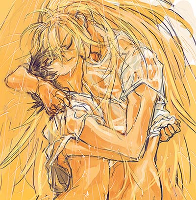 x (mega man), zero (mega man), capcom, mega man (series), mega man x (series), shower, lowres, non-web source, 2boys, black hair, blonde hair, bottomless, clothes lift, hug, kiss, long hair, male focus, monochrome, multiple boys, rain, same-sex bathing, see-through clothes, shared bathing, shirt, shirt lift, short hair, sketch, standing, t-shirt, tan, undressing, wet, wet clothes, wet shirt, yaoi