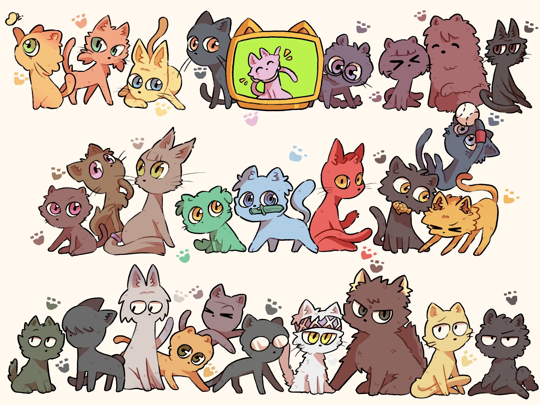 m uramatsu takuya, akabane karma, blue cat, chiba ryuunosuke, fuwa yuzuki, hara sumire, hayami rinka, hazama kirara, horibe itona, isogai yuuma, jiritsu shikou kotei houdai, kanzaki yukiko, kataoka megu, kayano kaede, kimura masayoshi, kurahashi hinano, maehara hiroto, mimura kouki, muramatsu takuya, nakamura rio, okajima taiga, okano hinata (ansatsu kyoushitsu), okuda manami, shiota nagisa, sugaya sousuke, sugino tomohito, takebayashi koutarou, terasaka ryouma, yada touka, yoshida taisei, ansatsu kyoushitsu, commentary request, highres, animal focus, animalization, ball, baseball (object), black cat, blue eyes, brown cat, brown eyes, bug, butterfly, cat, closed eyes, everyone, fish, glasses, green cat, green eyes, grey cat, headband, insect, knife, no humans, orange cat, paw print, pink cat, pink eyes, red cat, simple background, tail, tail ornament, television, white cat, wristband, yellow cat, yellow eyes