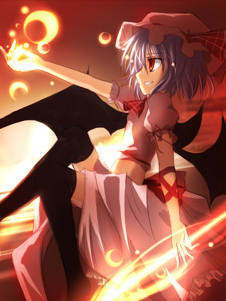 mashayuki, remilia scarlet, touhou, black legwear, 1girl, blue hair, female focus, red eyes, solo, wings
