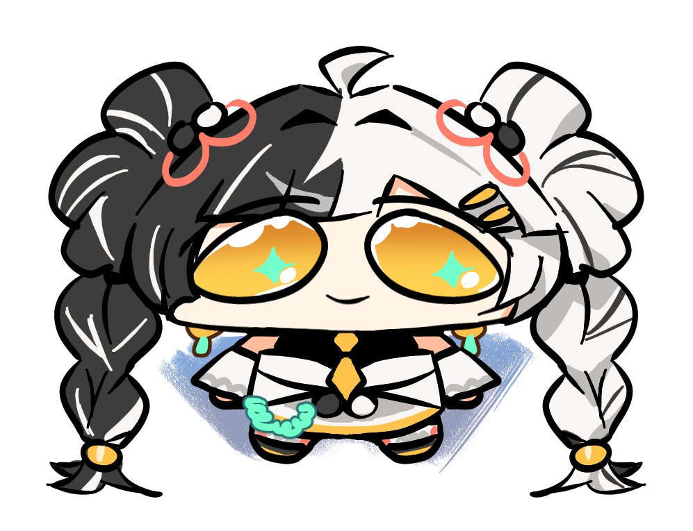 wtvr ccc, dialyn (zenless zone zero), zenless zone zero, 1girl, bare shoulders, black hair, braid, braided twintails, china dress, chinese clothes, detached sleeves, dress, earrings, hair ornament, jewelry, long hair, looking at viewer, multicolored hair, solo, split-color hair, white background, white hair, yellow eyes