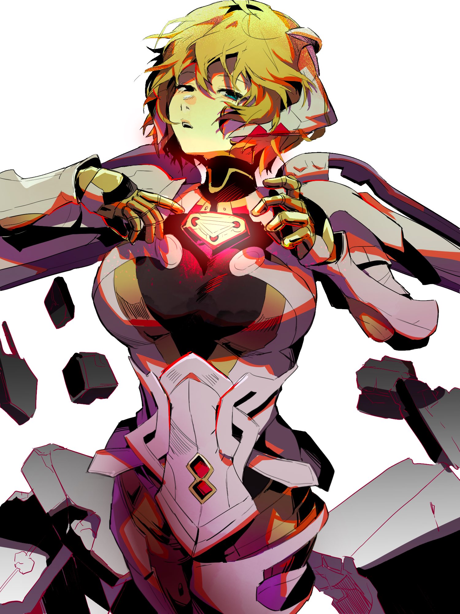 4me3ba niku, fiora (xenoblade), mecha-fiora, xenoblade chronicles (series), xenoblade chronicles 1, highres, 1girl, blonde hair, breasts, cowboy shot, cyborg, green eyes, hair between eyes, half-closed eyes, large breasts, looking at viewer, parted lips, short hair, simple background, solo, white background