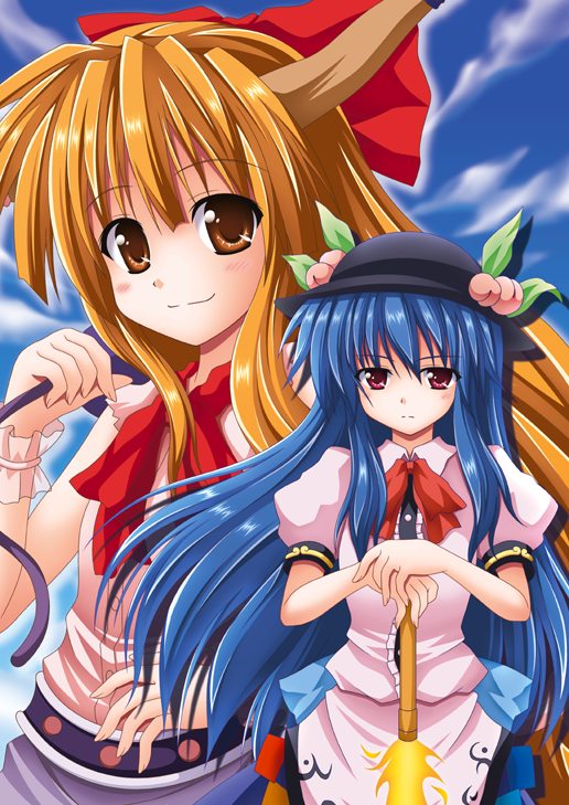 nagana sayui, hinanawi tenshi, ibuki suika, touhou, bad id, bad pixiv id, 2girls, blue hair, brown eyes, food, fruit, hair ribbon, hat, horns, long hair, multiple girls, orange hair, peach, red eyes, ribbon, smile