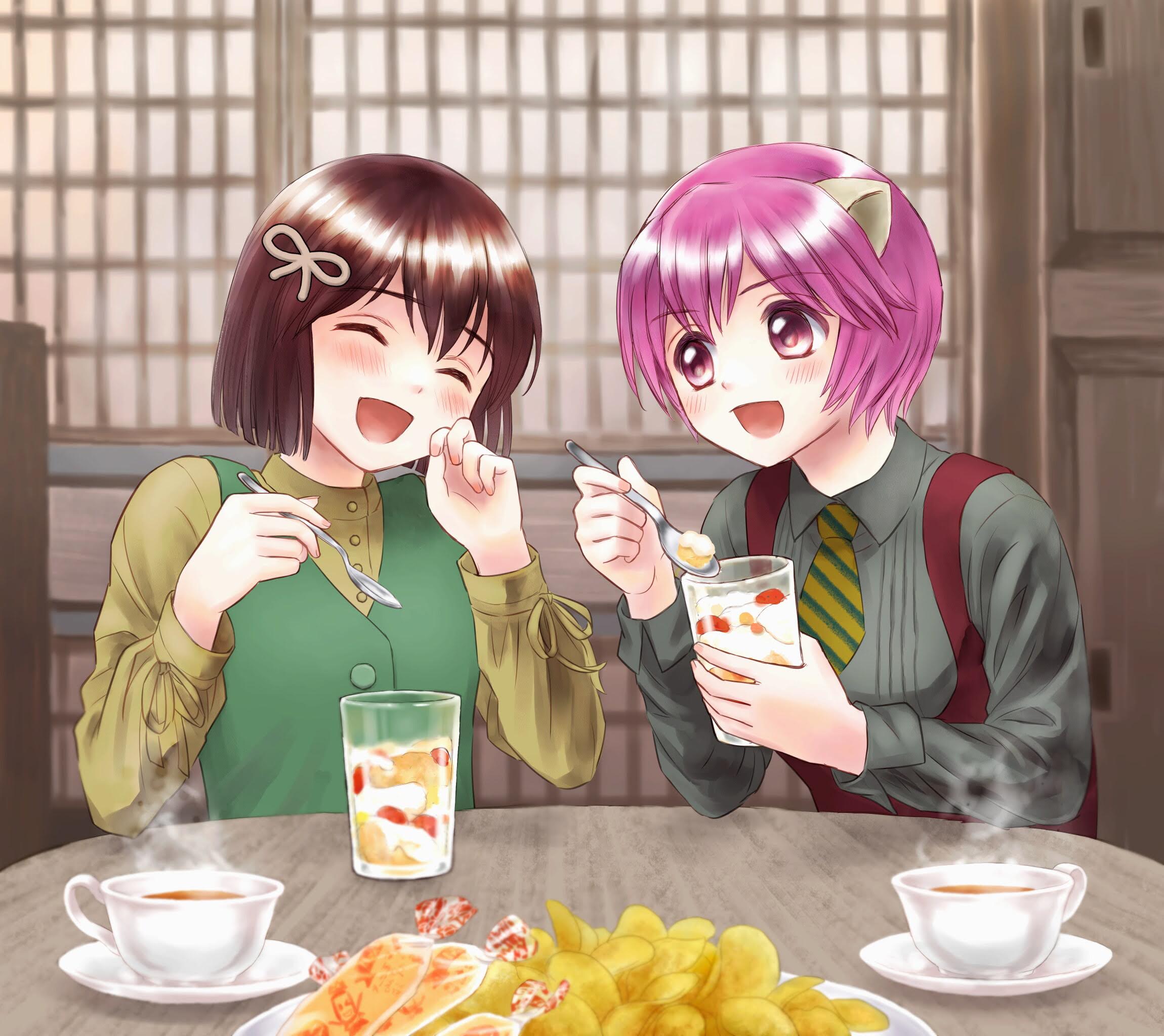 mayu (elfen lied), nana (elfen lied), elfen lied, commentary request, commission, highres, skeb commission, 2girls, blush, brown hair, chips (food), cup, food, grey shirt, happy, holding, holding cup, holding spoon, horns, indoors, long sleeves, multiple girls, necktie, open mouth, parfait, purple eyes, purple hair, shirt, short hair, spoon, striped necktie, tea, yutaka dao