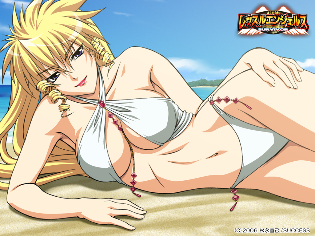 beauty ichigaya, wrestle angels, wrestle angels survivor, non-web source, 1girl, beach, between breasts, bikini, blonde hair, breasts, criss-cross halter, day, drill hair, female focus, halterneck, large breasts, lipstick, long hair, lying, makeup, navel, on side, outdoors, purple eyes, sand, smile, solo, swimsuit, white bikini