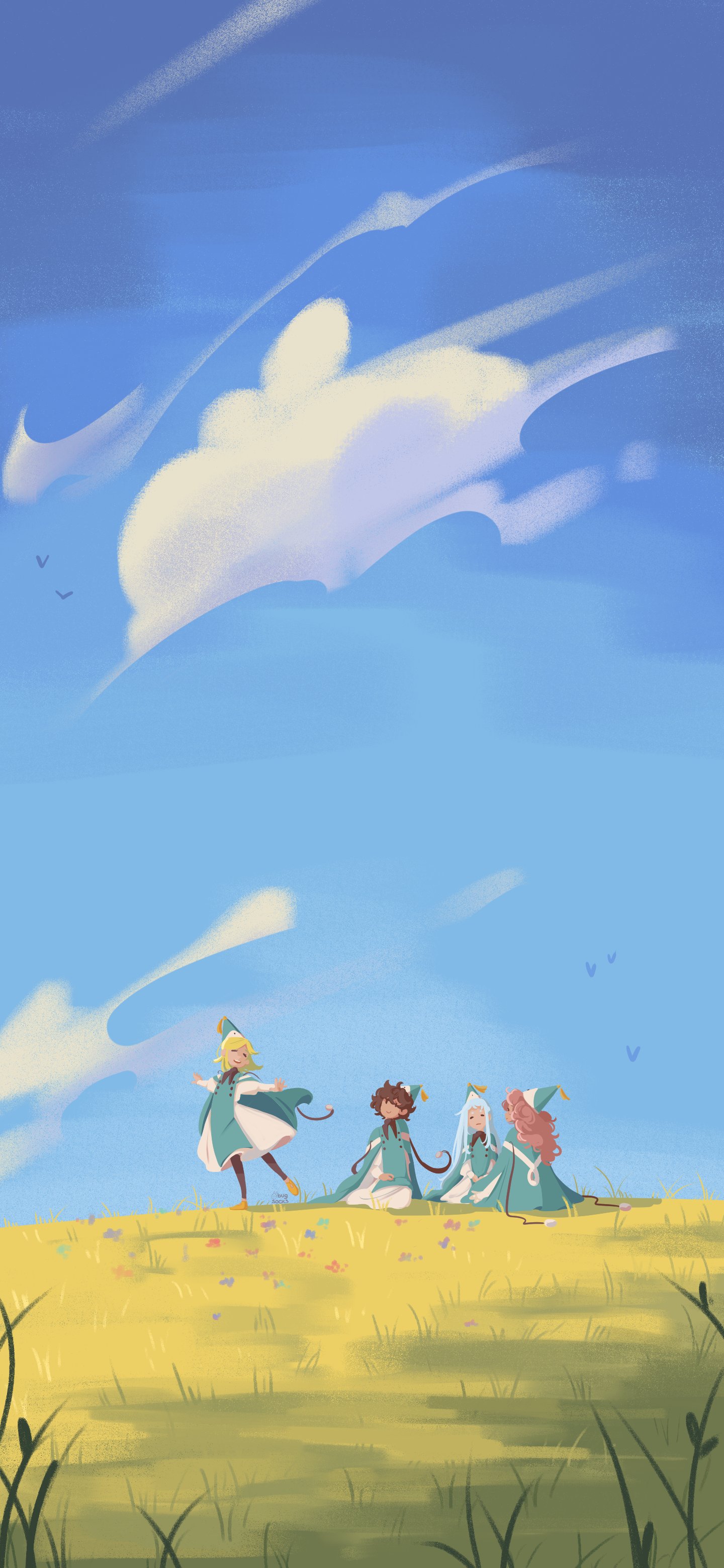 agott (tongari boushi no atelier), coco (tongari boushi no atelier), richeh (tongari boushi no atelier), tetia (tongari boushi no atelier), tongari boushi no atelier, absurdres, highres, 4girls, bird, black hair, blonde hair, blue hair, bug socks, flower, grass, hat, long hair, medium hair, multiple girls, outdoors, pink hair, qifrey's atelier apprentice uniform, short hair, sitting, sky