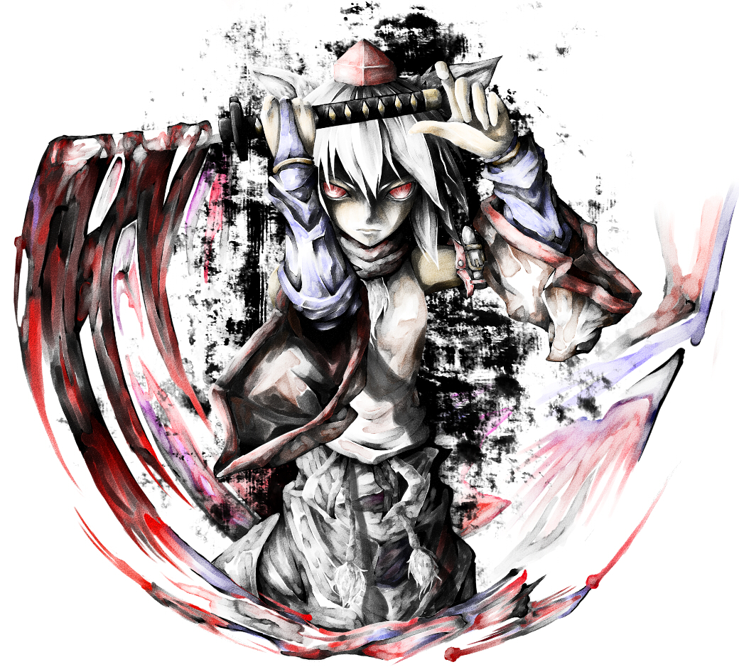 akihira, fujinohara akihira, inubashiri momiji, touhou, bad id, bad pixiv id, 1girl, blood, female focus, hat, red eyes, short hair, solo, sword, tokin hat, weapon, white hair