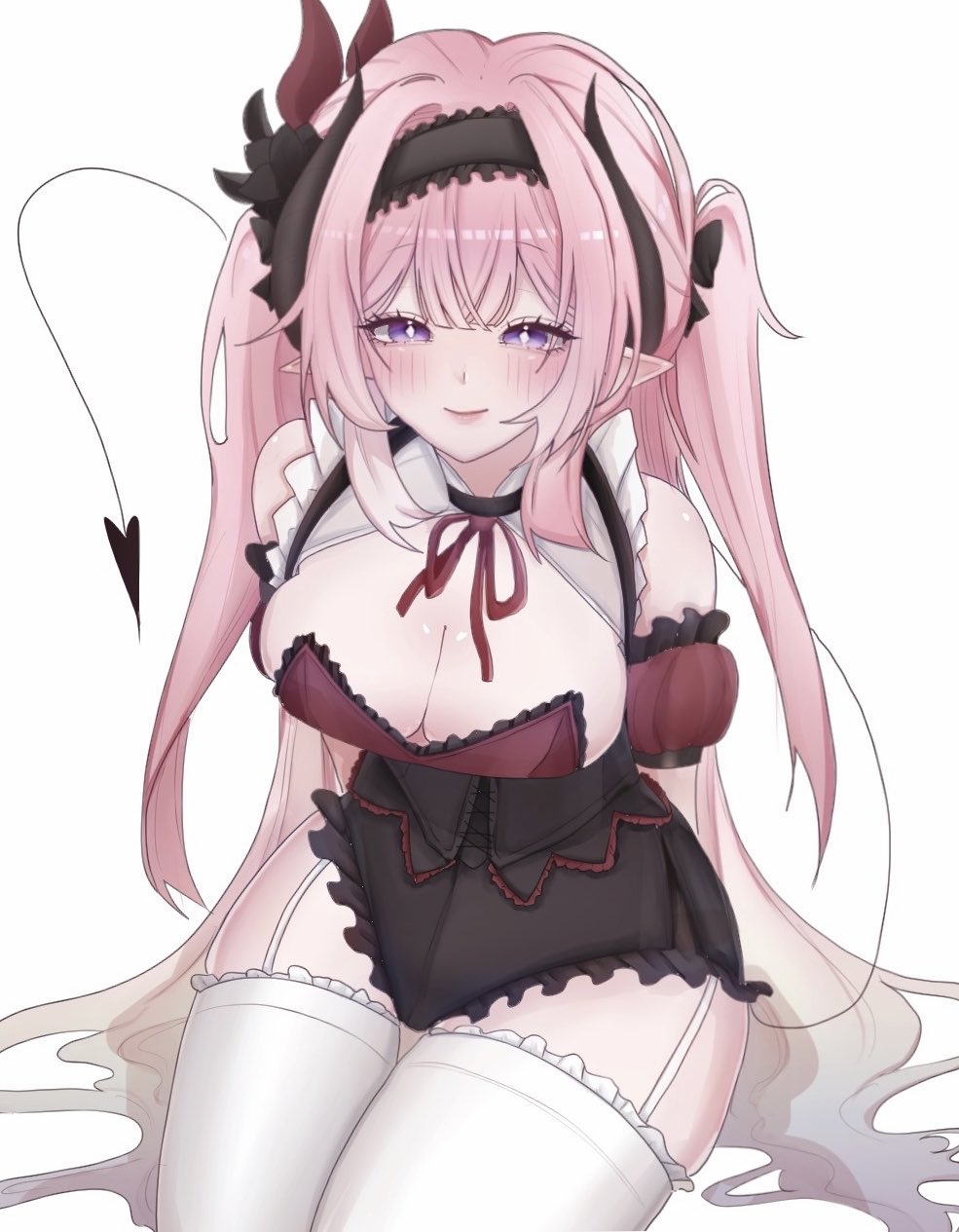cyrene (honkai: star rail), cyrene (ripples of past reverie) (honkai: star rail), honkai: star rail, honkai (series), commentary request, highres, korean commentary, 1girl, black corset, black hairband, black shorts, breasts, cleavage, corset, demon horns, demon tail, diamond-shaped pupils, diamond (shape), fake horns, fake tail, ggamy 3, hairband, halloween costume, horns, large breasts, long hair, looking at viewer, pink hair, pointy ears, purple eyes, shorts, simple background, smile, solo, symbol-shaped pupils, tail, thighhighs, thighs, two side up, very long hair, white background, white thighhighs