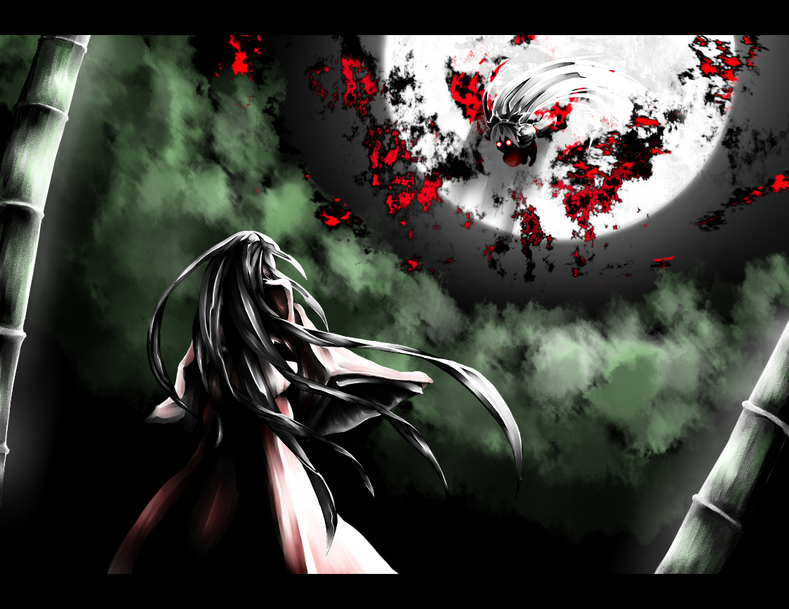 akihira, fujinohara akihira, fujiwara no mokou, houraisan kaguya, touhou, 2girls, bamboo, bamboo forest, battle, female focus, forest, glowing, glowing eyes, letterboxed, moon, multiple girls, nature, night