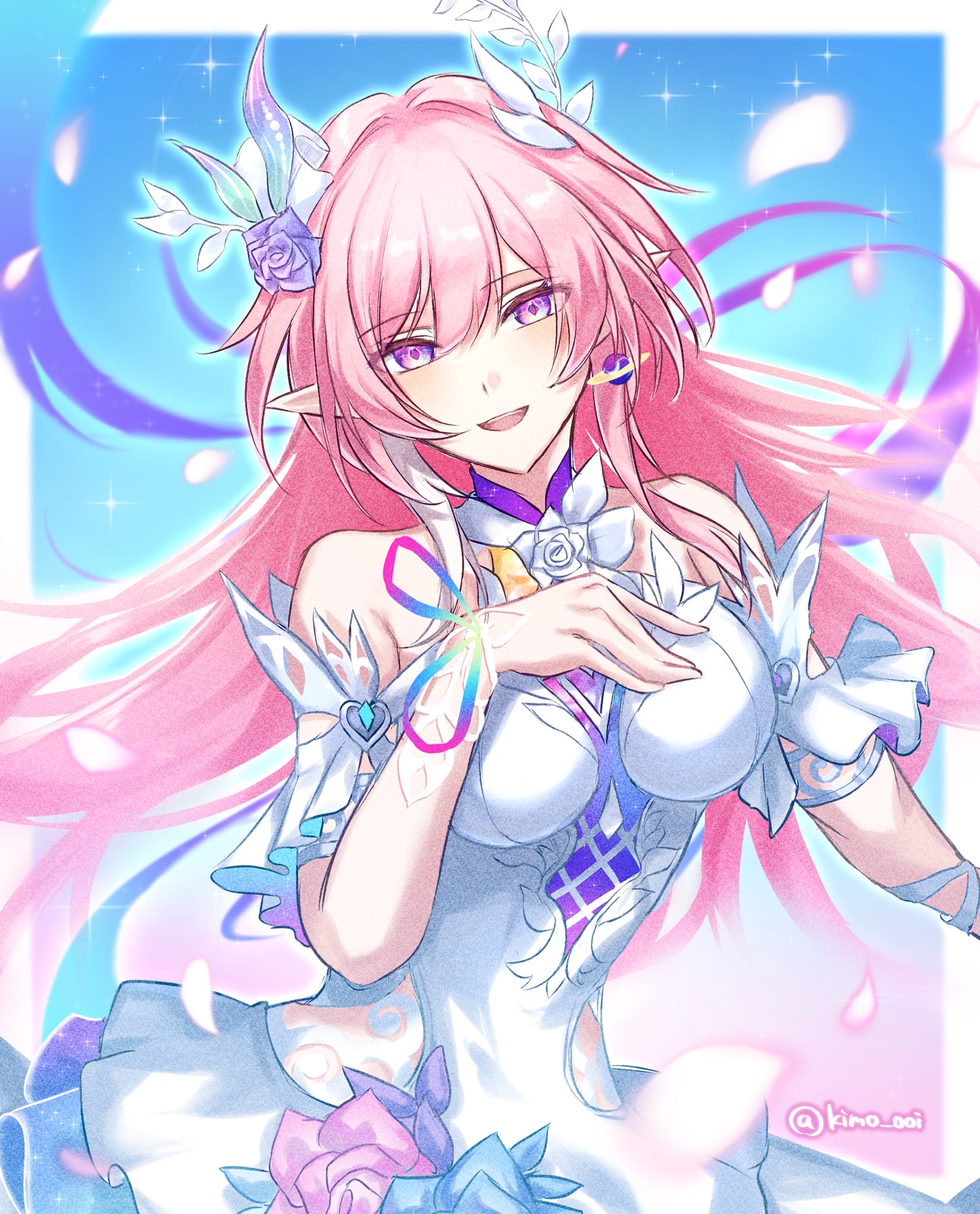 cyrene (honkai: star rail), cyrene (ripples of past reverie) (honkai: star rail), honkai: star rail, honkai (series), commentary, highres, 1girl, bare shoulders, blue sky, border, breasts, diamond-shaped pupils, diamond (shape), earrings, flower, hair flower, hair ornament, jewelry, kimo ooi, large breasts, long hair, looking at viewer, multicolored hair, pink hair, pointy ears, purple eyes, sky, solo, symbol-shaped pupils, two-tone hair, very long hair, white border, white hair