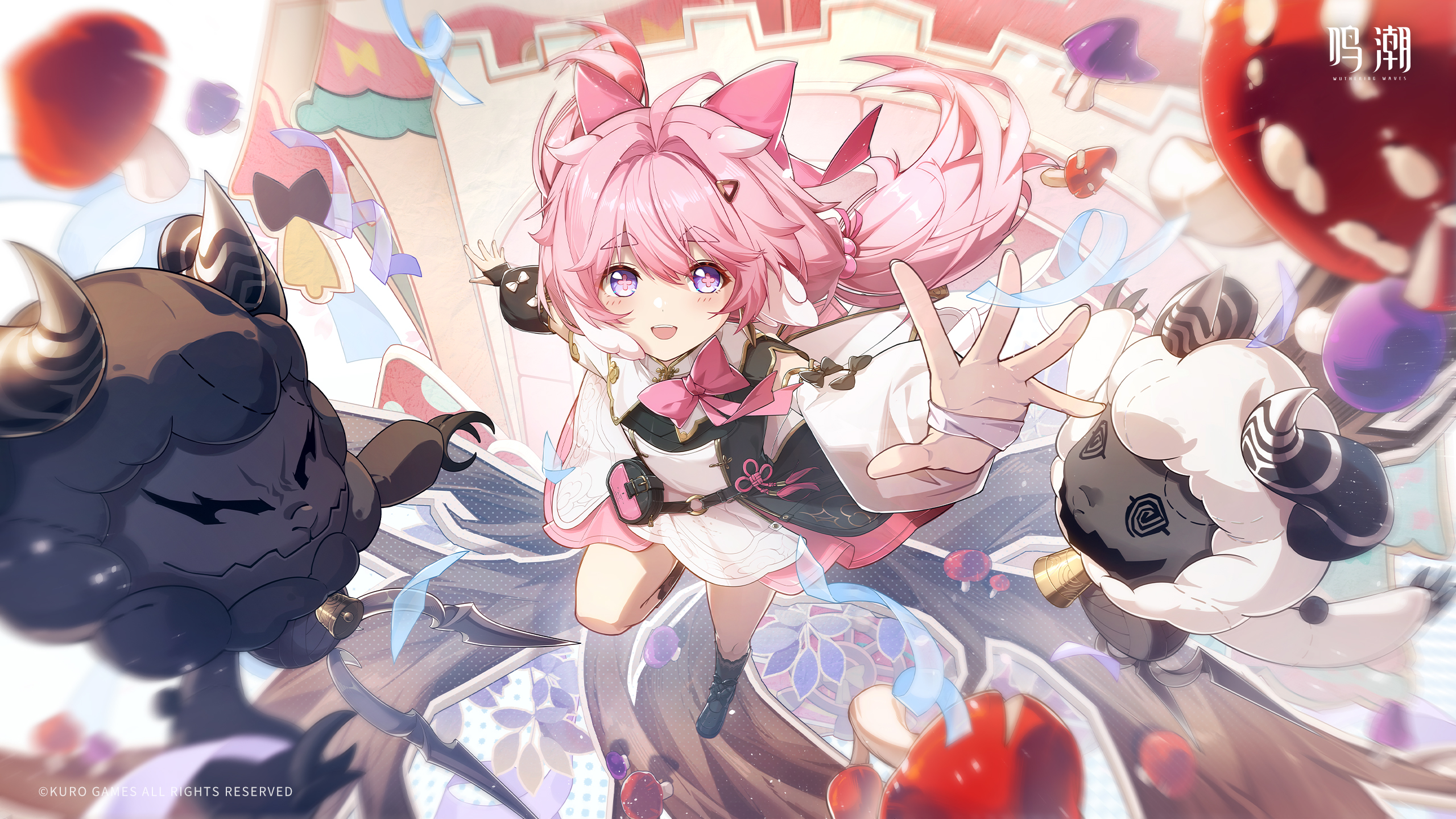 cloudy (wuthering waves), cosmos (wuthering waves), encore (wuthering waves), wuthering waves, commentary, english commentary, highres, official art, official wallpaper, 1girl, :d, ahoge, arm up, arm warmers, bag, bell, black arm warmers, black bag, black bow, black dress, black shoes, black socks, blush, bow, bowtie, cardboard cutout, castle, confetti, copyright name, cross-shaped pupils, dress, earrings, eyelashes, floating hair, gold trim, hair between eyes, hair bobbles, hair bow, hair intakes, hair ornament, hair ribbon, hairclip, jewelry, leg up, light particles, long hair, looking at viewer, low twintails, may, mismatched arm warmers, motion blur, mushroom, o-ring, open mouth, outstretched arm, pink bow, pink bowtie, pink hair, pink pupils, pink ribbon, pink skirt, pleated skirt, purple eyes, ribbon, shoes, short sleeves, sidelocks, skirt, smile, socks, solo, streamers, stuffed animal, stuffed sheep, stuffed toy, symbol-shaped pupils, teeth, thick eyebrows, twintails, two-tone dress, upper teeth only, white arm warmers, white bow, white dress