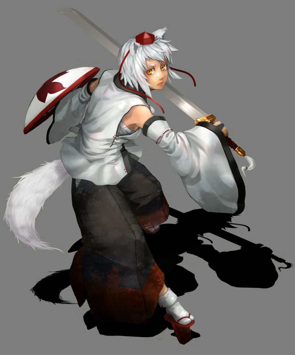 wl-69, inubashiri momiji, touhou, bad id, bad pixiv id, highres, 1girl, female focus, geta, solo, sword, tengu-geta, weapon