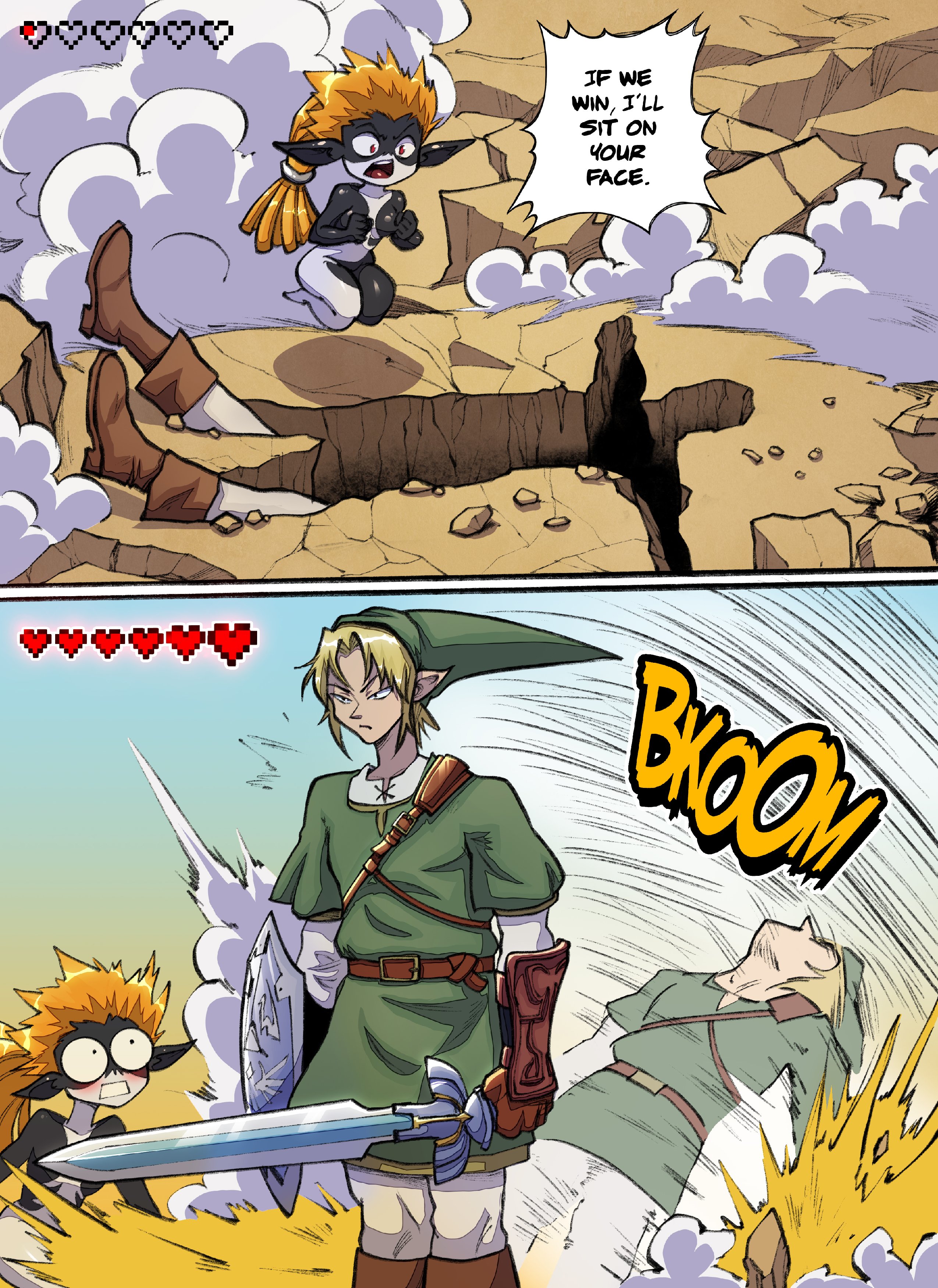 mesiasart, link, midna, nintendo, the legend of zelda, the legend of zelda: twilight princess, absurdres, highres, 1boy, 1girl, :/, black skin, blue skin, blush, colored sclera, colored skin, english text, fake screenshot, hetero, holding, holding shield, holding sword, holding weapon, if we win i'll sit on your face (meme), injury, long hair, looking ahead, looking at another, meme, motion lines, multicolored skin, orange hair, ponytail, red eyes, shield, shiny skin, short hair, surprised, sword, two-tone skin, weapon, wide hips, yellow sclera