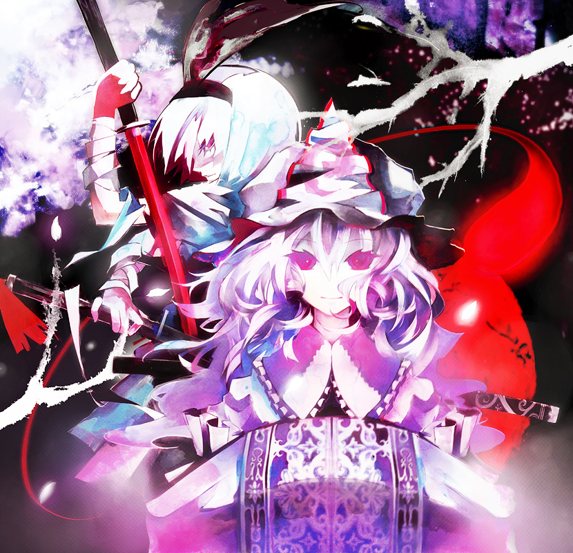 banpai akira, konpaku youmu, konpaku youmu (ghost), saigyouji yuyuko, touhou, bad id, bad pixiv id, 2girls, female focus, hairband, hat, hitodama, katana, multiple girls, short hair, sword, weapon