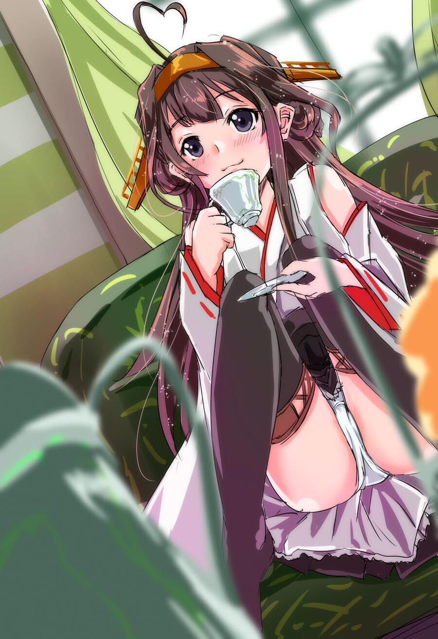 tsukineko, kongou (kancolle), kantai collection, commentary request, highres, 1girl, ahoge, black eyes, black thighhighs, blurry, blurry foreground, blush, brown hair, closed mouth, couch, cup, curtains, detached sleeves, double bun, hair bun, headgear, holding, holding saucer, japanese clothes, long hair, nontraditional miko, panties, ribbon-trimmed sleeves, ribbon trim, saucer, sitting, skirt, solo, teacup, thighhighs, underwear, white panties, wide sleeves, window