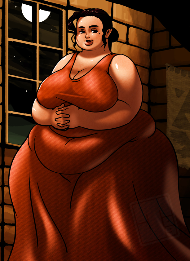 jmanvelez, healing lady (zelda ii), nintendo, the legend of zelda, zelda ii: the adventure of link, 1girl, black hair, breasts, cleavage, fat, fat woman, large breasts, lips, looking at viewer, mole, obese, obese female