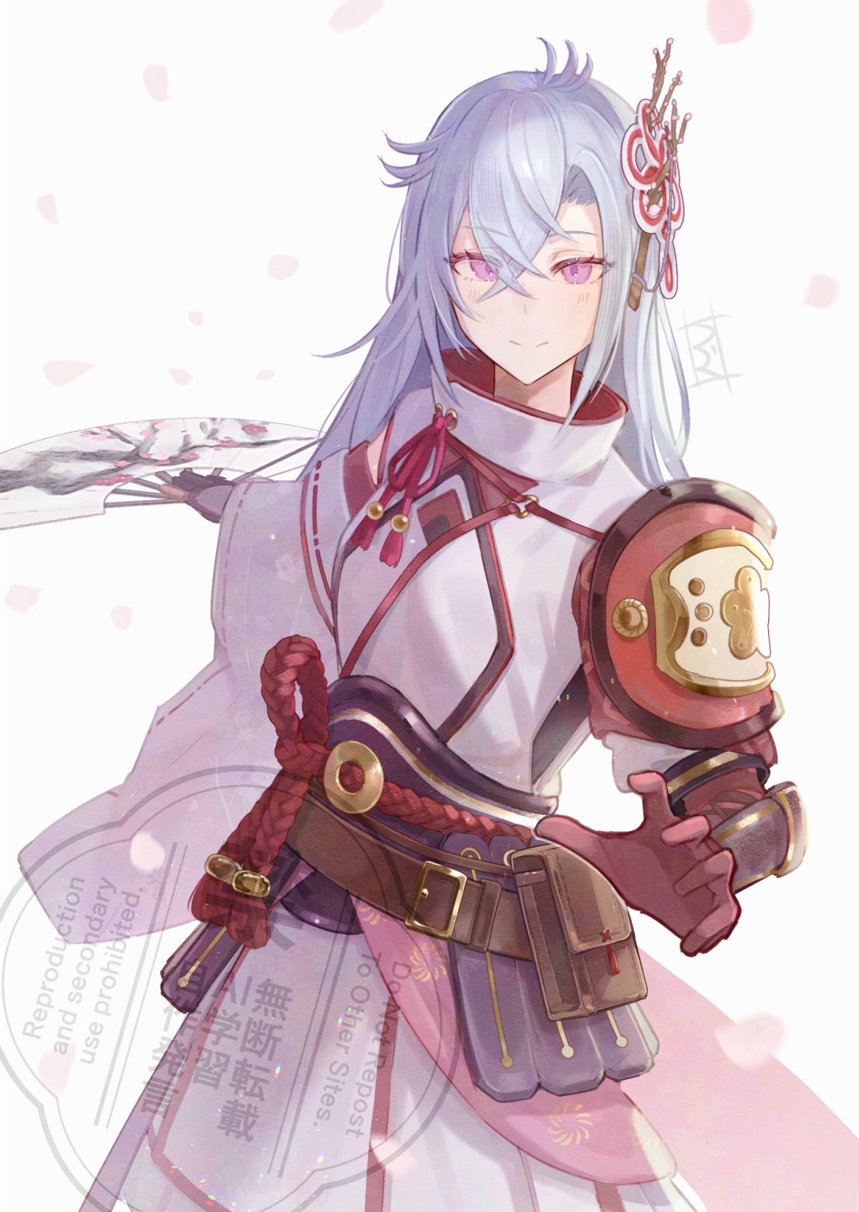 ragu piyopiyo, kaguya (rune factory), rune factory, rune factory: guardians of azuma, highres, 1girl, armor, hair between eyes, hand fan, holding, holding fan, japanese armor, japanese clothes, long hair, purple eyes, red rope, rope, smile, white hair