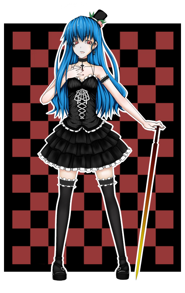 shihiron, hinanawi tenshi, touhou, 1girl, blue hair, choker, dress, earrings, female focus, food, frills, fruit, gothic lolita, hat, jewelry, lolita fashion, long hair, mini hat, mini top hat, peach, red eyes, solo, sword, sword of hisou, thighhighs, top hat, weapon