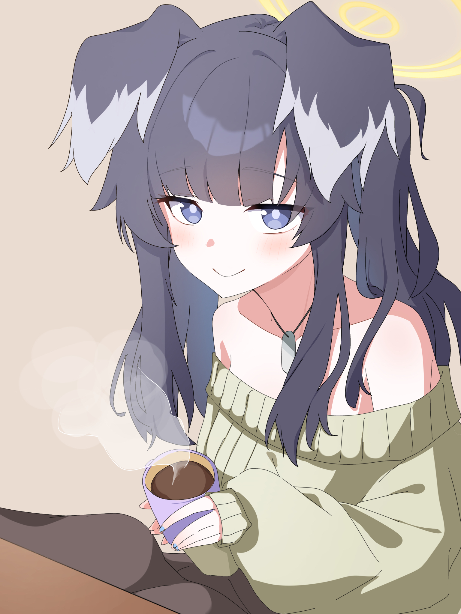 hibiki (blue archive), blue archive, highres, 1girl, animal ears, black hair, blue eyes, coffee, dog ears, dog girl, engineering department (blue archive), holding, long hair, looking at viewer, simple background, smile, sofuran snipe, solo