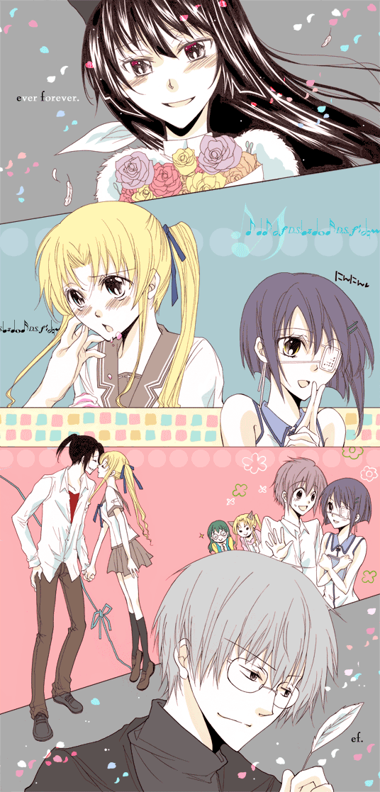 mamimi, amamiya yuuko, asou renji, asou sumire, hayama mizuki, himura yuu, kuze shuuichi, shindou chihiro, ef (visual novel), bad id, bad pixiv id, 00s, 3boys, 4girls, blush, eyepatch, feathers, flower, glasses, multiple boys, multiple girls, school uniform, serafuku