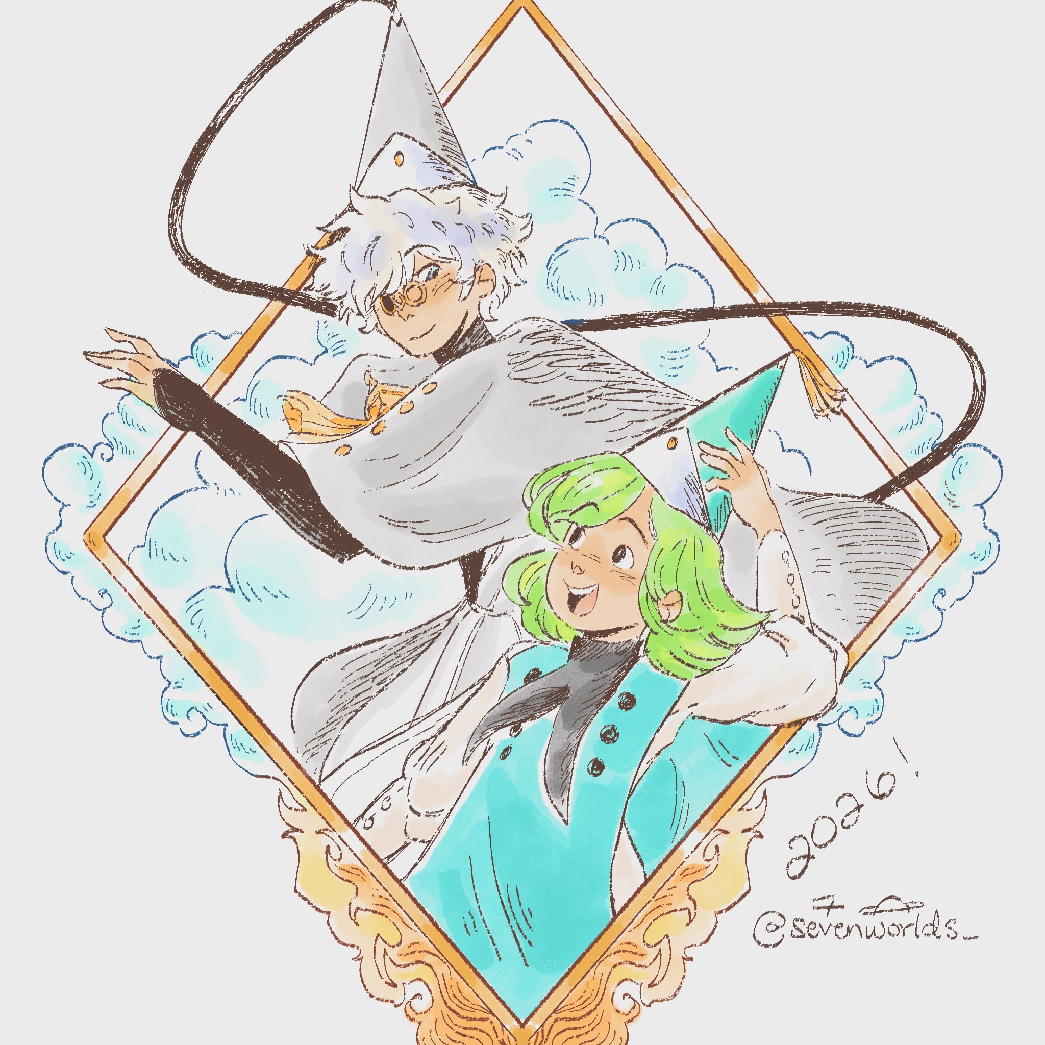 coco (tongari boushi no atelier), qifrey (tongari boushi no atelier), tongari boushi no atelier, highres, 1boy, 1girl, 2026, green hair, hat, hat tassel, open mouth, qifrey's atelier apprentice uniform, sevenworlds, teeth, white hair