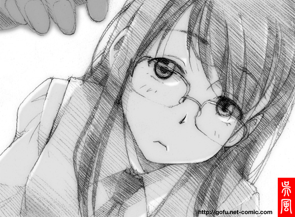 gofu, manjoume fumi, aoi hana, traditional media, 00s, glasses, greyscale, monochrome, sketch, solo, white background
