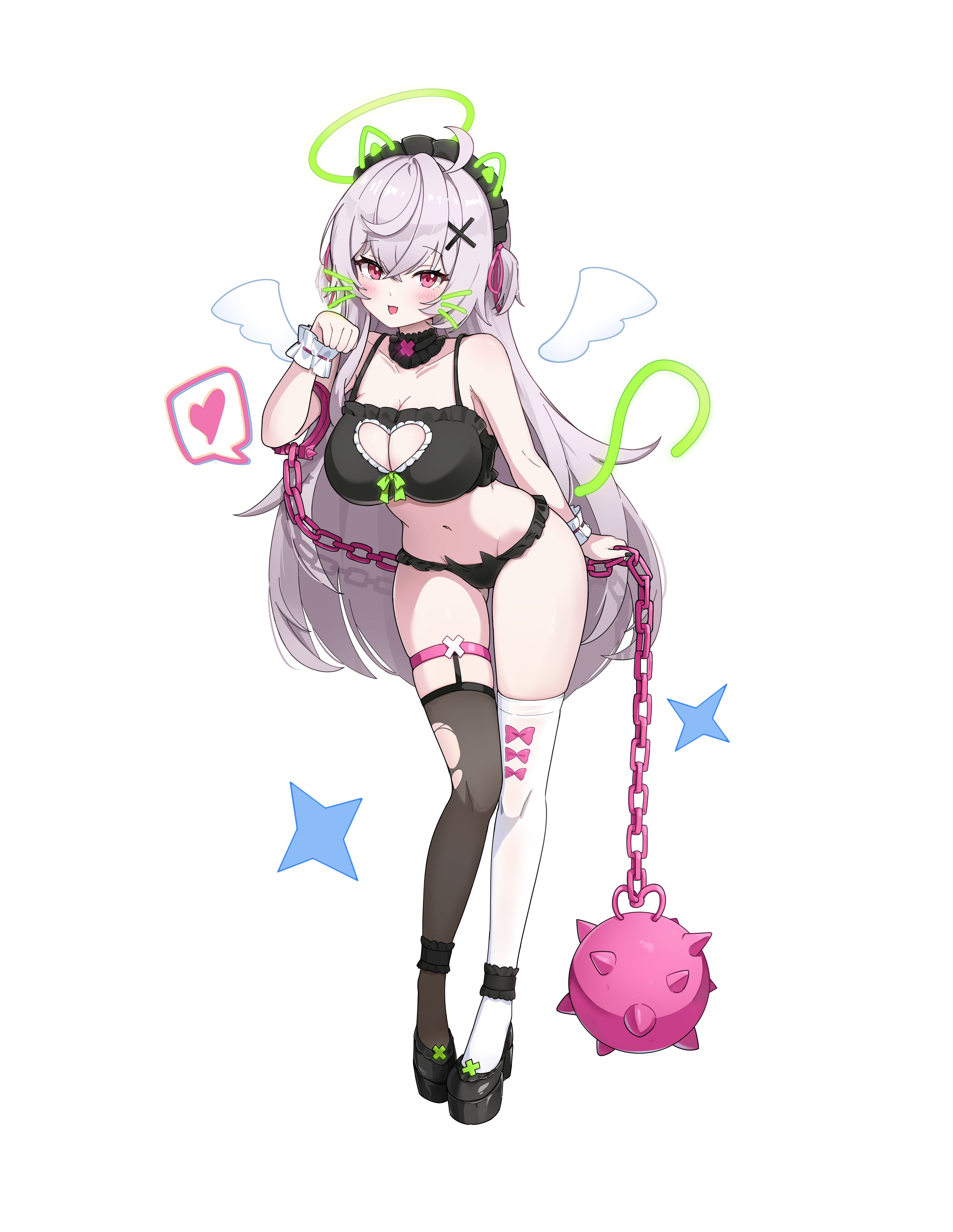 koy (4767269), beatrixa (stella sora), stella sora, absurdres, commentary request, highres, 1girl, asymmetrical legwear, ball and chain (weapon), bare shoulders, black bra, black choker, black headdress, black panties, black thighhighs, blush, bow, bow bra, bra, breasts, cat ear panties, choker, cleavage, cleavage cutout, clothing cutout, collarbone, crossed bangs, detached wings, drawn ears, drawn halo, drawn tail, drawn whiskers, frilled anklet, frilled choker, frilled wrist cuffs, frills, full body, green halo, grey hair, hair between eyes, hair ornament, hair ribbon, halo, heart, heart cutout, holding, holding weapon, large breasts, legs, long hair, looking at viewer, mini wings, mismatched legwear, navel, open mouth, panties, pink eyes, pink ribbon, platform heels, ribbon, solo, spiked ball and chain, spoken heart, standing, star (symbol), stomach, thigh bow, thigh strap, thighhighs, thighs, torn clothes, torn thighhighs, two side up, underwear, very long hair, weapon, white thighhighs, white wrist cuffs, wings, wrist cuffs, x hair ornament