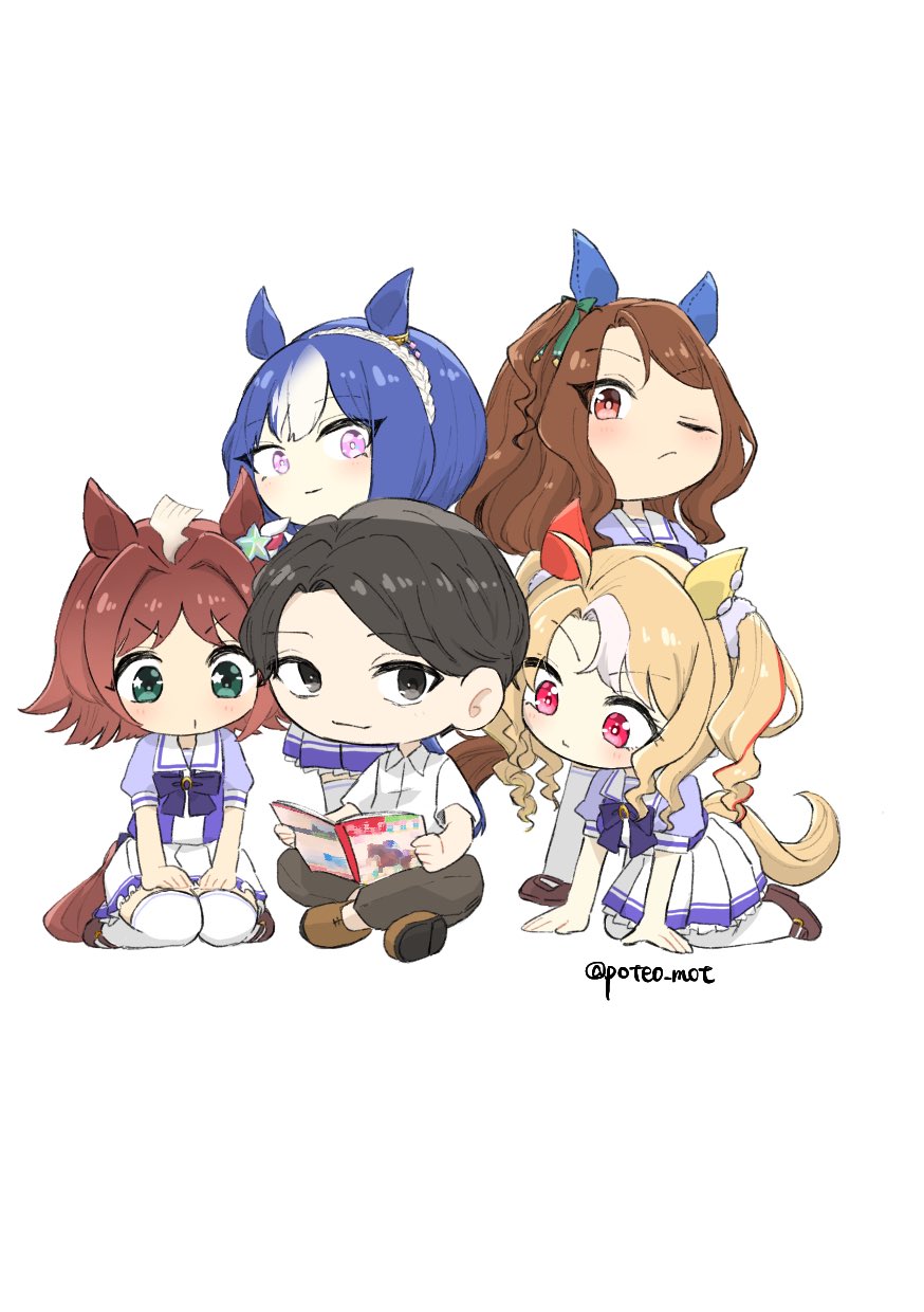 poteo (poteo mot), cesario (umamusume), fusaichi pandora (umamusume), king halo (umamusume), rhein kraft (umamusume), trainer (umamusume), umamusume, commentary request, highres, 1boy, 4girls, ahoge, animal ears, blonde hair, blue hair, book, full body, hair ornament, horse ears, horse tail, long hair, multiple girls, simple background, tail, thighhighs, twitter username, white background