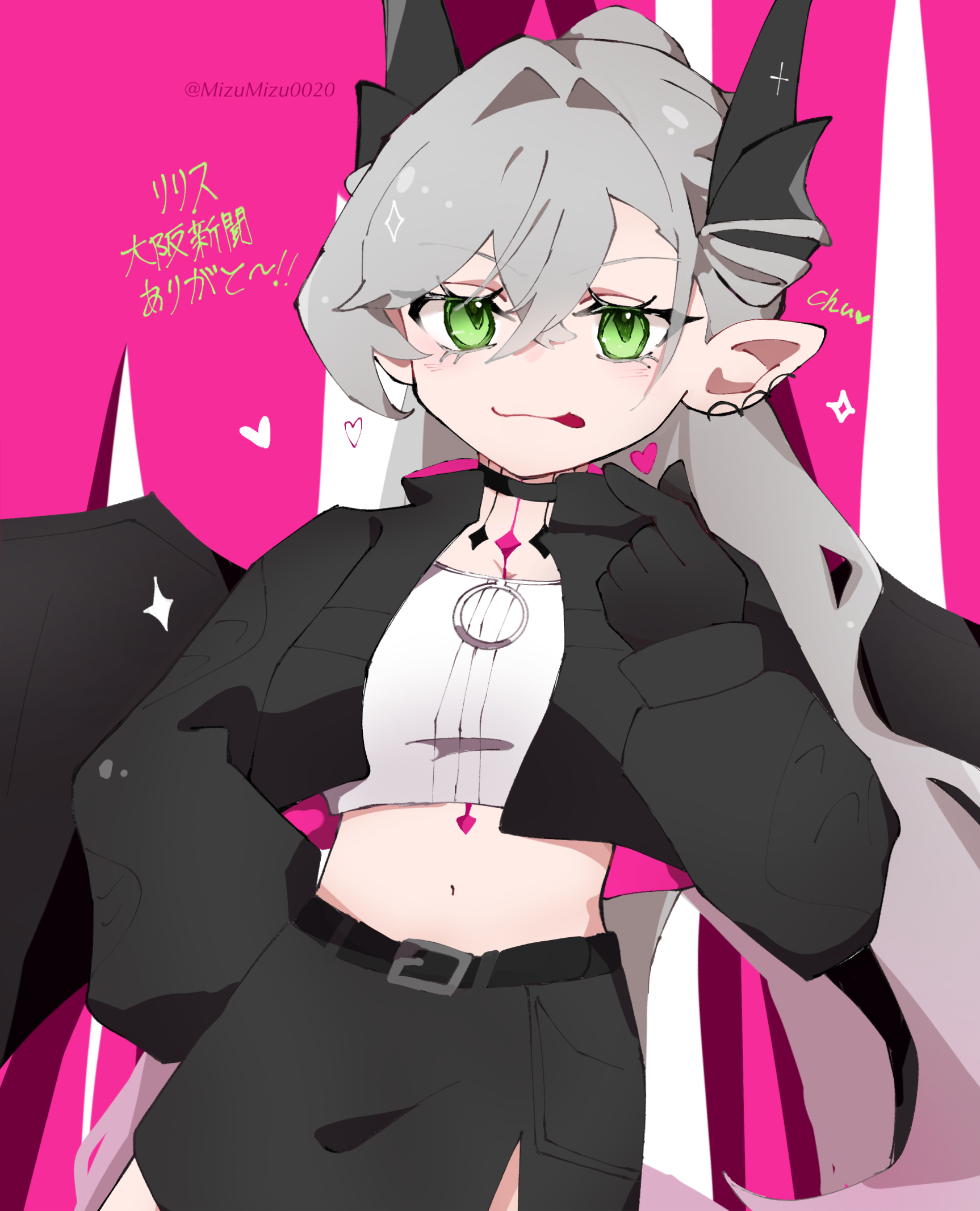 lilith (fate), fate/grand order, fate (series), commentary request, highres, 1girl, black hands, black jacket, black skirt, blush, body markings, breasts, colored extremities, demon girl, demon horns, demon wings, earrings, gradient hair, green eyes, heart, horns, jacket, jewelry, licking lips, lilith (over the same sky) (fate), long hair, long sleeves, looking at viewer, medium breasts, midriff, mizumizu0020, multicolored hair, navel, pink hair, ponytail, skirt, smile, solo, tongue, tongue out, twitter username, white hair, wings