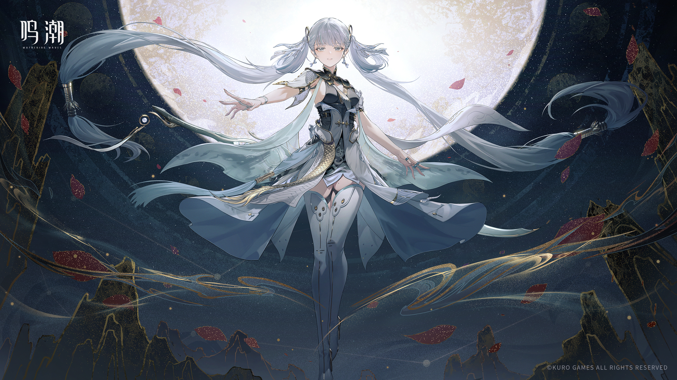 jinhsi (wuthering waves), jue (wuthering waves), wuthering waves, commentary, english commentary, highres, official art, official wallpaper, 1girl, 1other, arms across body, black collar, black shirt, bow, breasts, bright pupils, cleavage, coat, collar, colored eyelashes, copyright name, copyright notice, earrings, floating, floating hair, floating object, floating sword, floating weapon, hair bow, hair rings, hand up, jewelry, light particles, medium breasts, multiple hair bows, ring, shirt, smile, straight-on, sword, twintails, upper body, weapon, white bow, white coat, white eyelashes, white eyes, white hair, white pupils