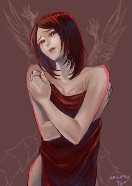 wa (87s-87), furiae, drag-on dragoon, drag-on dragoon 1, 1girl, bare shoulders, breasts, dated, lips, looking at viewer, red eyes, red hair, solo