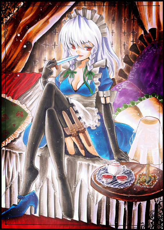 kidanieru, izayoi sakuya, embodiment of scarlet devil, touhou, silver hair, bad id, bad pixiv id, traditional media, 1girl, braid, breasts, cleavage, cup, elbow gloves, female focus, garter belt, gloves, knife, red eyes, shoe dangle, shoes, short hair, single shoe, solo, tea, teacup, teapot, thighhighs, twin braids
