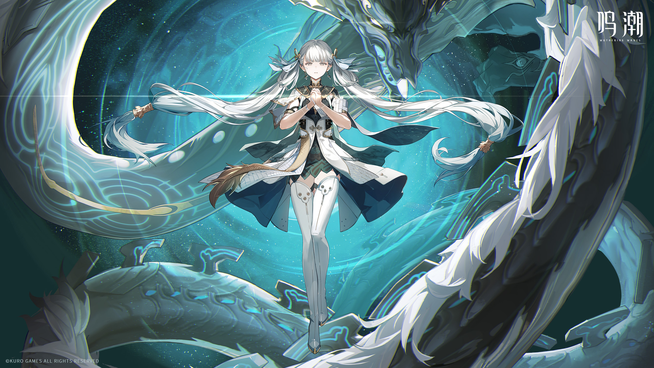 jinhsi (wuthering waves), jue (wuthering waves), wuthering waves, commentary, english commentary, highres, official art, official wallpaper, 1girl, 1other, arms across body, black collar, black shirt, bow, breasts, bright pupils, cleavage, coat, collar, colored eyelashes, copyright name, copyright notice, earrings, floating, floating hair, floating object, floating sword, floating weapon, hair bow, hair rings, hand up, jewelry, light particles, medium breasts, multiple hair bows, ring, shirt, smile, straight-on, sword, twintails, upper body, weapon, white bow, white coat, white eyelashes, white eyes, white hair, white pupils