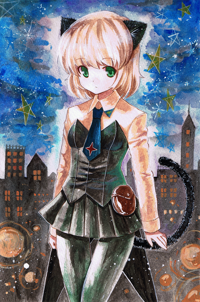 kidanieru, sanya v. litvyak, strike witches, world witches series, acrylic paint (medium), bad id, bad pixiv id, painting (medium), traditional media, 00s, 1girl, animal ears, black pantyhose, cat ears, cat girl, cat tail, female focus, green eyes, necktie, outdoors, pantyhose, short hair, sky, solo, star (symbol), tail