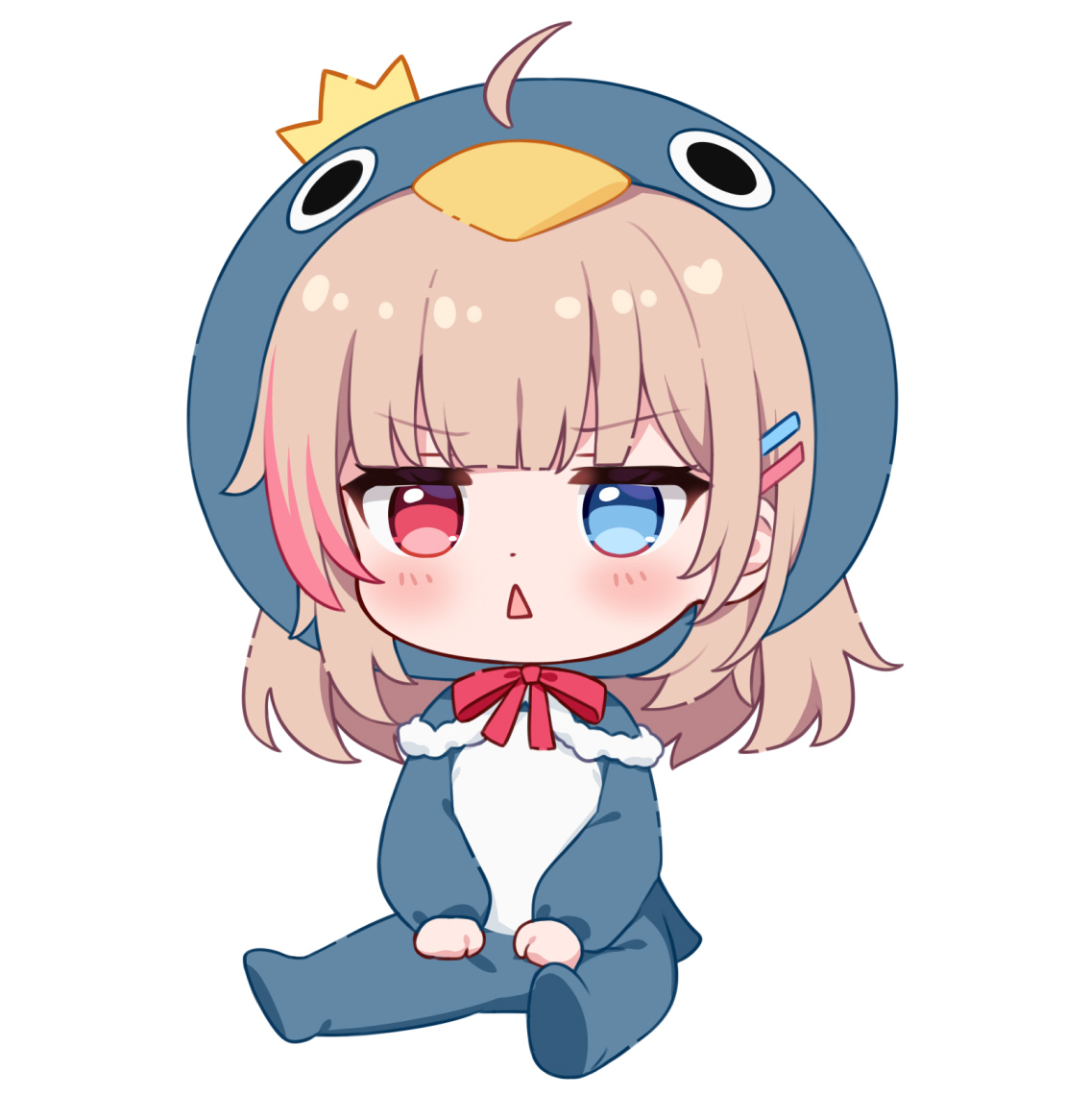 hitsukuya, original, commentary, english commentary, 1girl, :<, ahoge, animal costume, animal hood, blue capelet, blue eyes, blush, bow, brown hair, capelet, chibi, full body, hair ornament, hair through headwear, hairclip, heterochromia, hood, hood up, hooded capelet, long sleeves, looking at viewer, multicolored hair, parted lips, penguin costume, penguin hood, puffy long sleeves, puffy sleeves, red bow, red eyes, red hair, simple background, sitting, solo, streaked hair, triangle mouth, white background