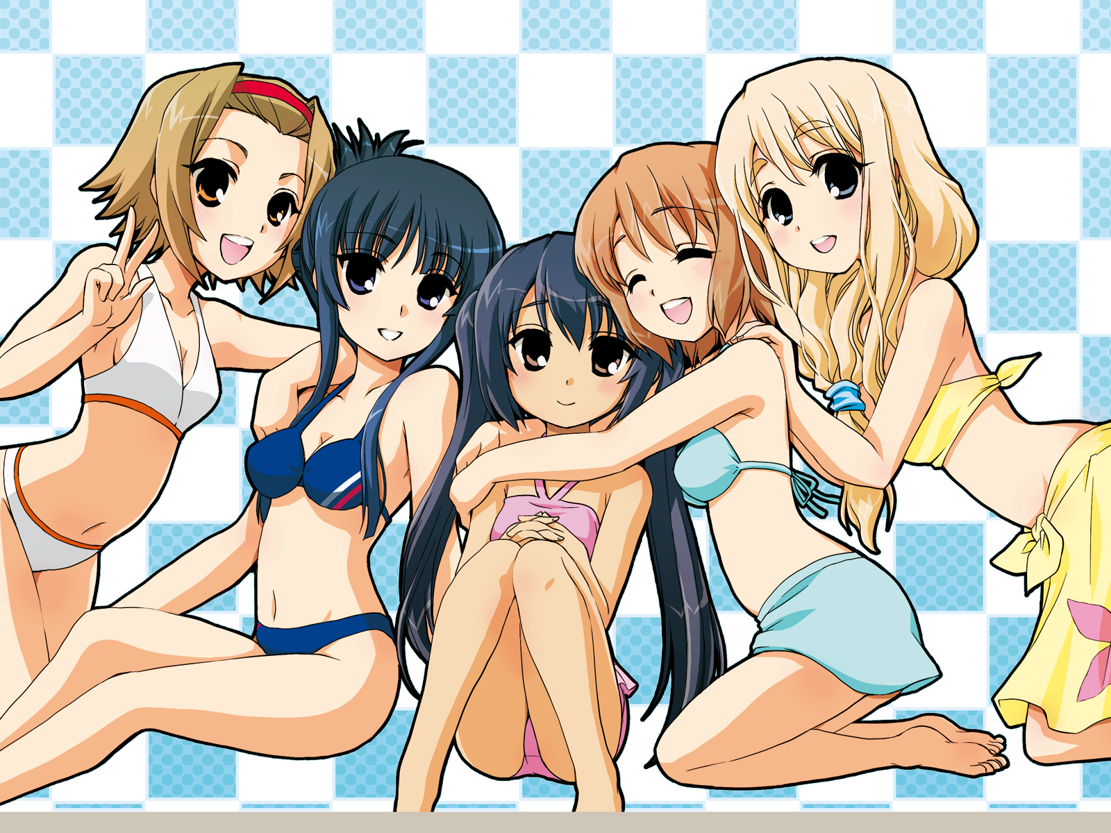 fujieda miyabi, akiyama mio, hirasawa yui, kotobuki tsumugi, nakano azusa, tainaka ritsu, k-on!, highres, 00s, 5girls, barefoot, bikini, ho-kago tea time, multiple girls, swimsuit